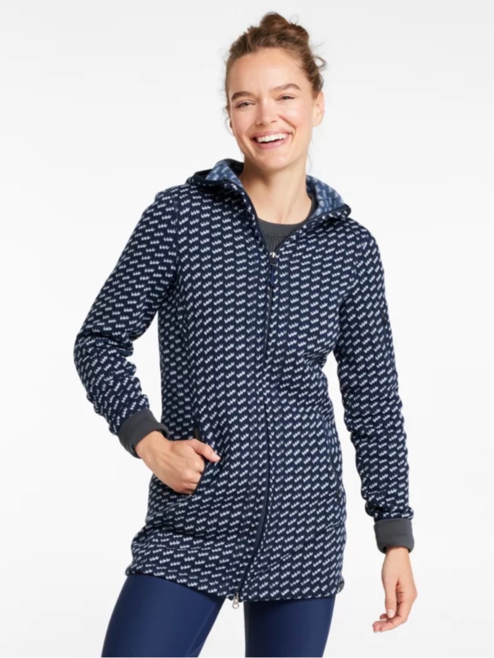 LL Bean Women’s Sweater Fleece Coat Jacket Hood Birdseye Print Navy Blue Small